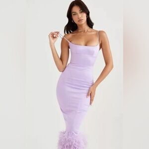 Purple elegant dress with feather trim